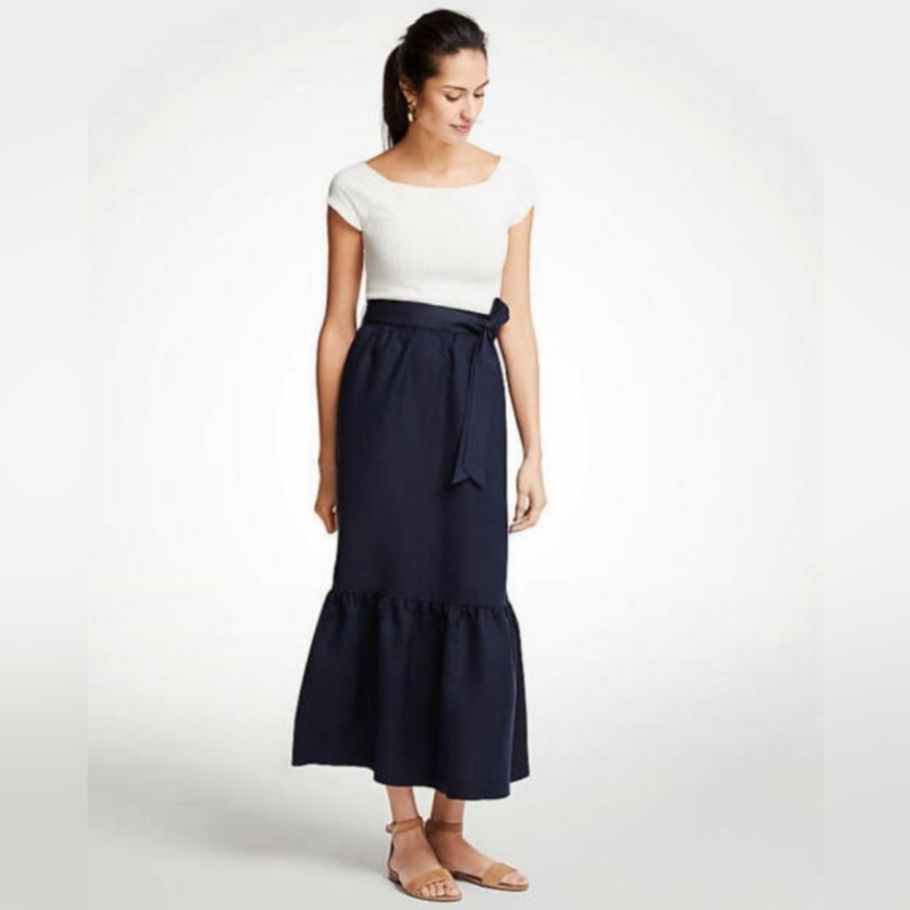 Ann Taylor Navy Linen Ruffle Midi Skirt